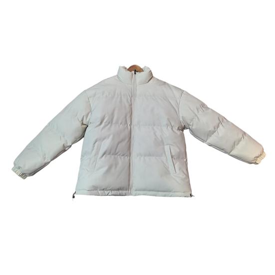 Women Men Cotton Coat Stand Collar Long Sleeve Drawstring Hem Puffer Jacket with Pockets Loose Fit Warm Winter Outerwear
