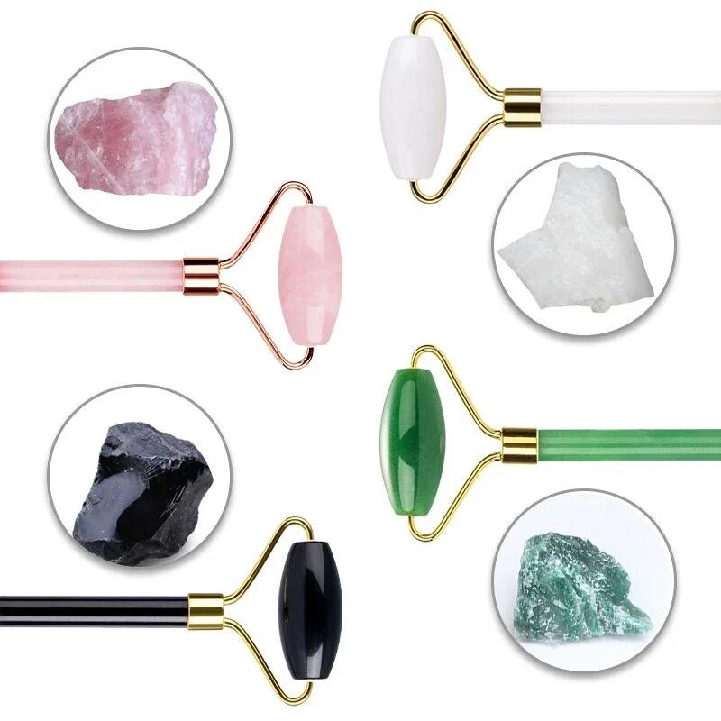 Natural Jade Roller Gua Sha Set Rose Quartz Obsidian Amethyst Jade Massager Gouache Scraper For Facial Lifting Skin Care Tools