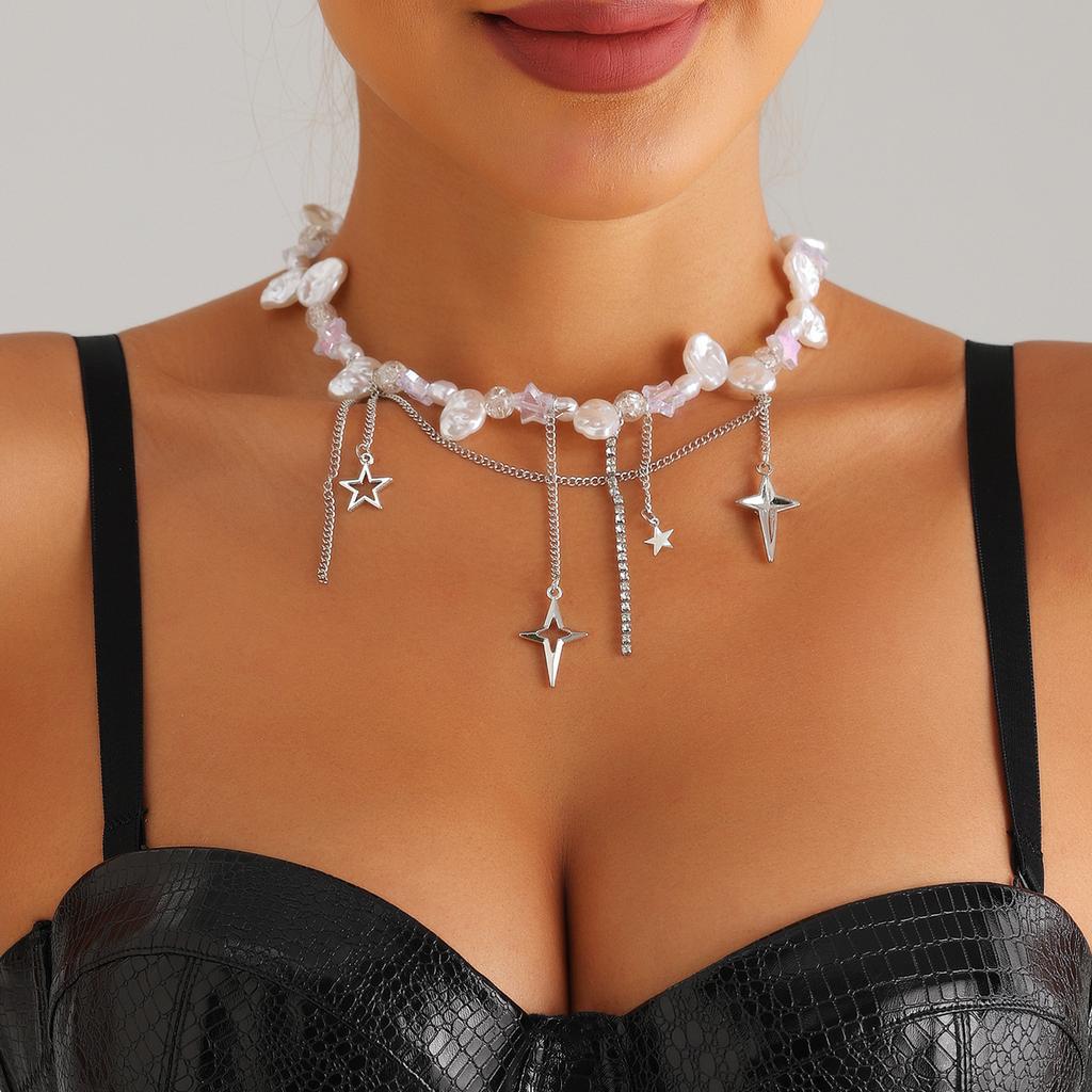 Cold Wind Cross Star Diamond Imitation Pearl Necklace Personalized Stacking Temperament Advanced Clavicle Chain Necklace