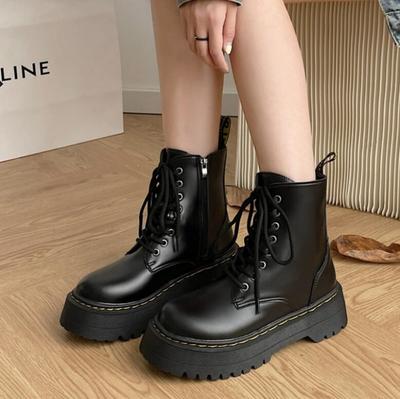 Modische Motorradstiefel für Damen mit Schnürung, 5 cm, Plateaustiefel mit klobigem Absatz, britischer Stil, dicke Sohle, größere Höhe, Freizeitstiefel