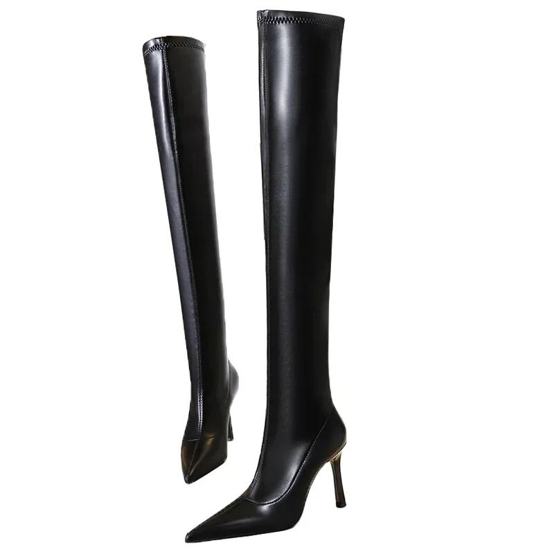 Bigtree Shoes Fashion Simple Soft Leather Women Long Boots Autumn Winter Pointed Toe Thin High Heel Over The Knee Black Boots