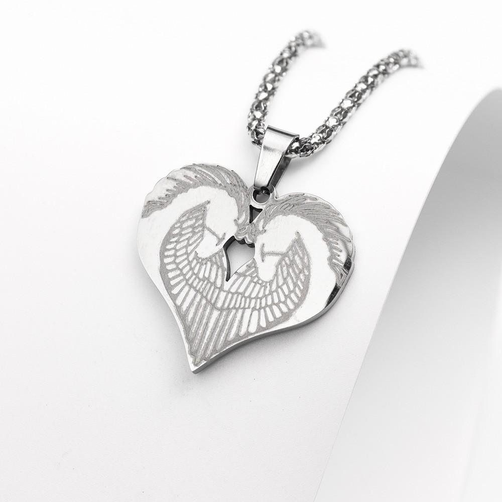 European and American Fashion Twin Pegasus Heart Shape Pendant Titanium Steel Necklace