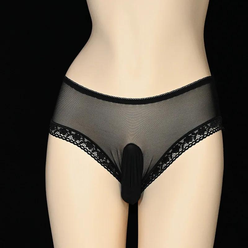 Large Size Sissy Panties Men Mesh Fully Transparent Briefs Silky Smooth Bullet Separation Lingerie Underwear U Convex Underpant