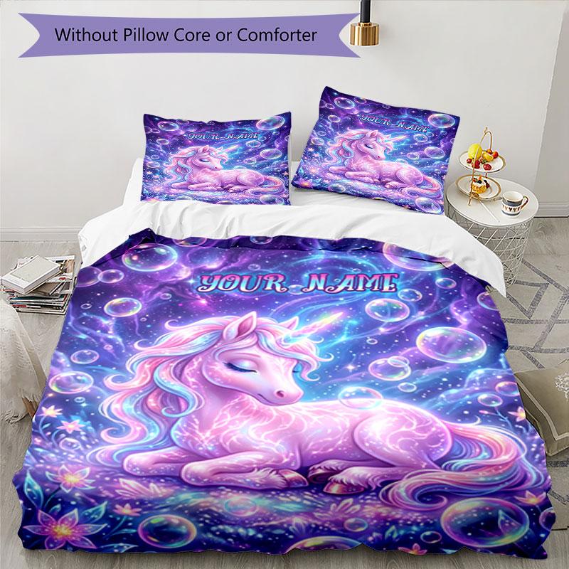 3PC Custom Name Unicorn Dreams Space Bedding Set Duvet Cover Closure Includes 1 Duvet Cover & 2 Pillowcases for Bedroom
