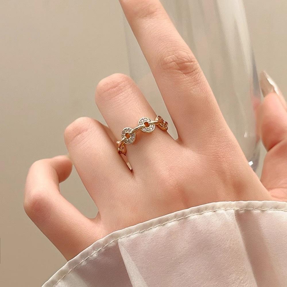 Lucky Coin Ring Female Niche Design High-end Chain Micro-inlaid Hollow Ring Chinese Antique Jewelry