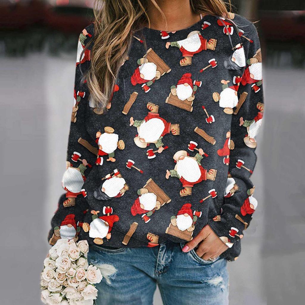 Popular European & American Women's Christmas Snowman Print Loose Long Sleeve Top