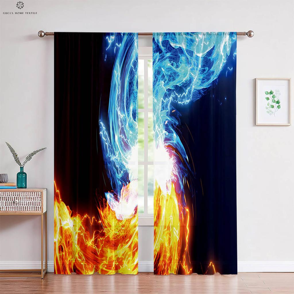 2pcs Water Flame Two Pole 3D Printing Curtain Polyester Fiber Machine Washable Bedroom Living Room Kitchen Decorative Curtain