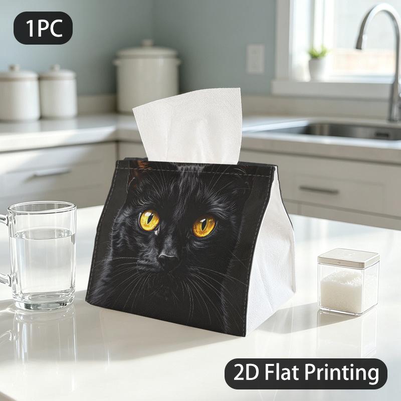 1pc Tissue Box, Hyperrealistic/Black Cat/Mysterious Gaze Pattern, 2D Flat Printing, Multi-Use, Strong And Firm, Tissue Bag, for Dining Table