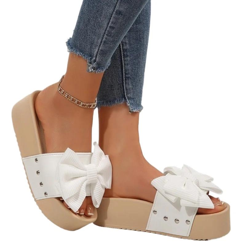 Fashion Shoes Female 2025 New Open Toe Women's Slippers Fashion Outdoor Butterfly-knot Summer Rivet Best Seller Solid Platform Slippers