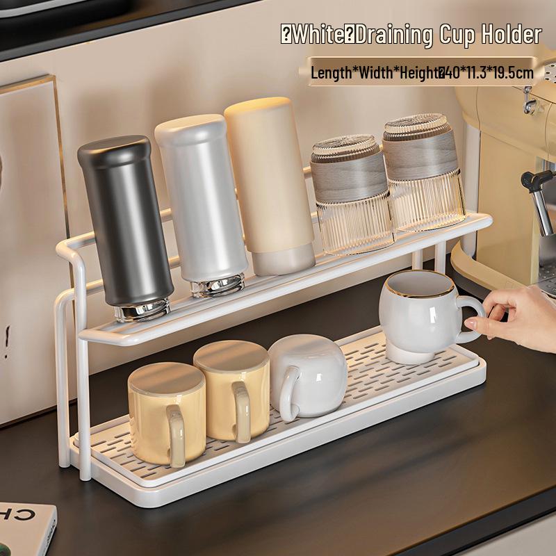 Double Layer Metal Cup Rack with Drain Tray for Kitchen Countertop