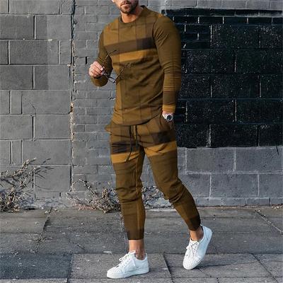 Pánsky komplet s dlhým rukávom, kockovaný, s 3D potlačou, módny, retro, súprava mikiny a nohavíc na behanie, jar/jeseň, s okrúhlym výstrihom, M-3XL
