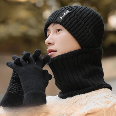 Chapéu masculino inverno grosso lã malha chapéu conjunto tela sensível ao toque luvas chapéu quente conjunto de três peças