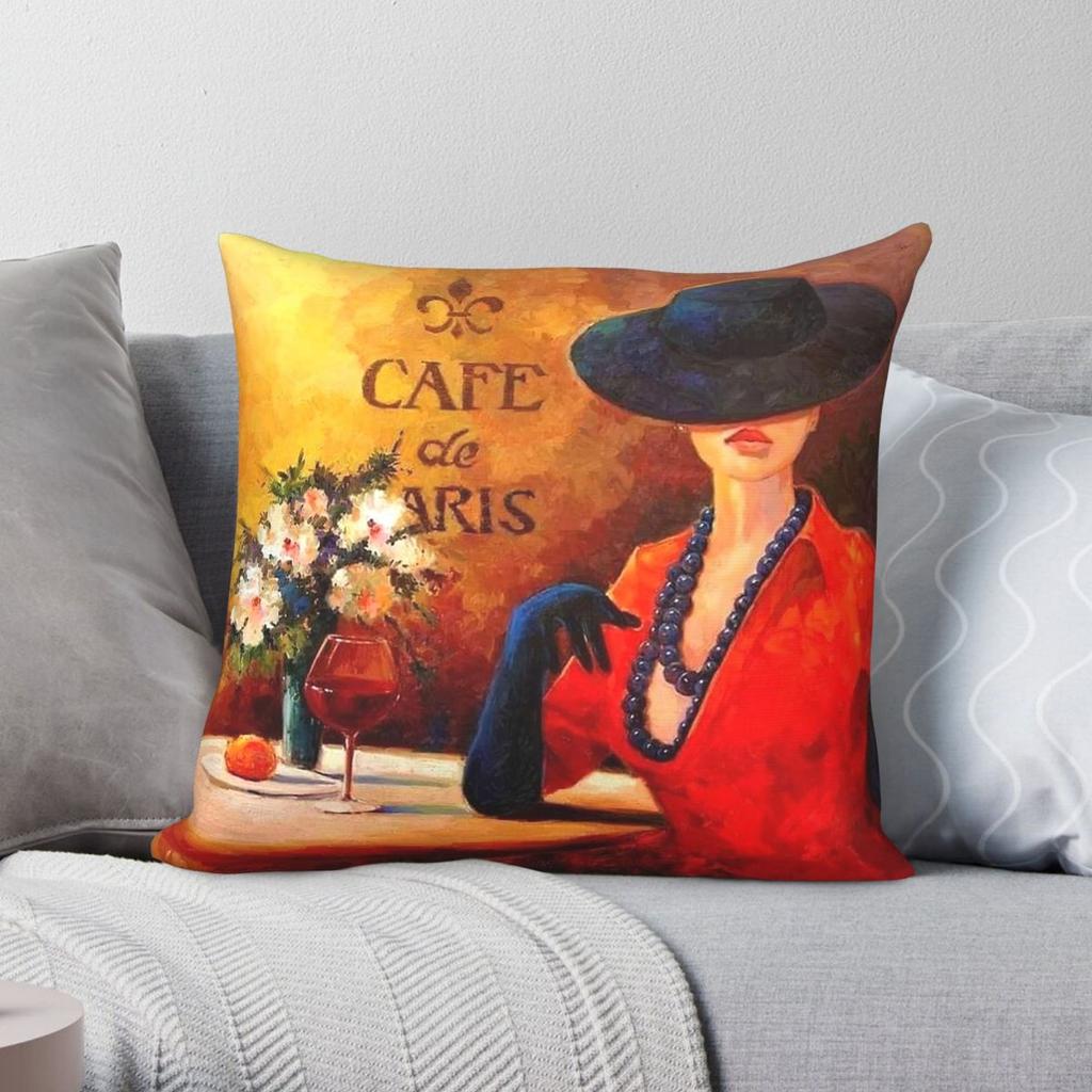 Lady With Hat Cafe De Paris Square Pillowcase Polyester Linen Velvet Printed Decorative Throw Pillow Case Room Cushion Cover