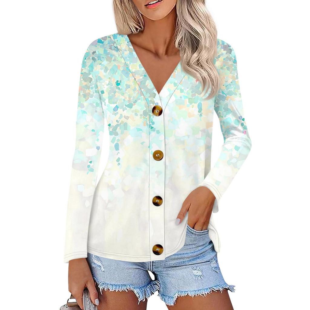 Women's Fashion Casual Print Button-down Shirt Long Sleeve Tops