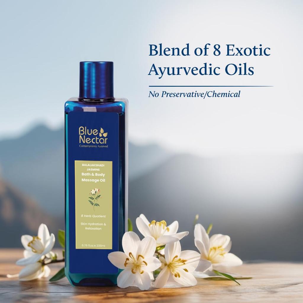 Blauer Nektar Jasmin Kräuter Körperöl | Natürliches Massageöl für Ganzkörper-Entspannung & Glow | Ashwagandha & Sesam Körperöl nach dem Bad für Frauen & Männer (8 Std