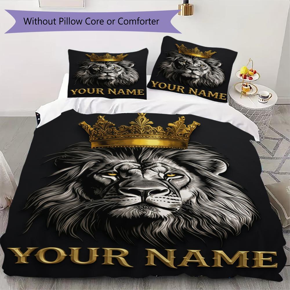 Custom Name Royal Lion Majesty Bedding,Quilt Set Quilt Cover Pillowcase Home Birthday Gift(1 * Duvet Cover + 2 * Pillowcase, Without Core)_lx