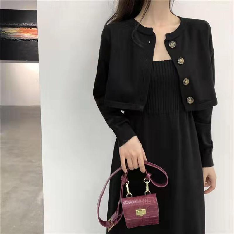 Elegant Knit Long Sleeve Top A-Line Midi Dress Set Women Slim Fit High Waist Two-Piece Outfit Pure Color Casual Chic