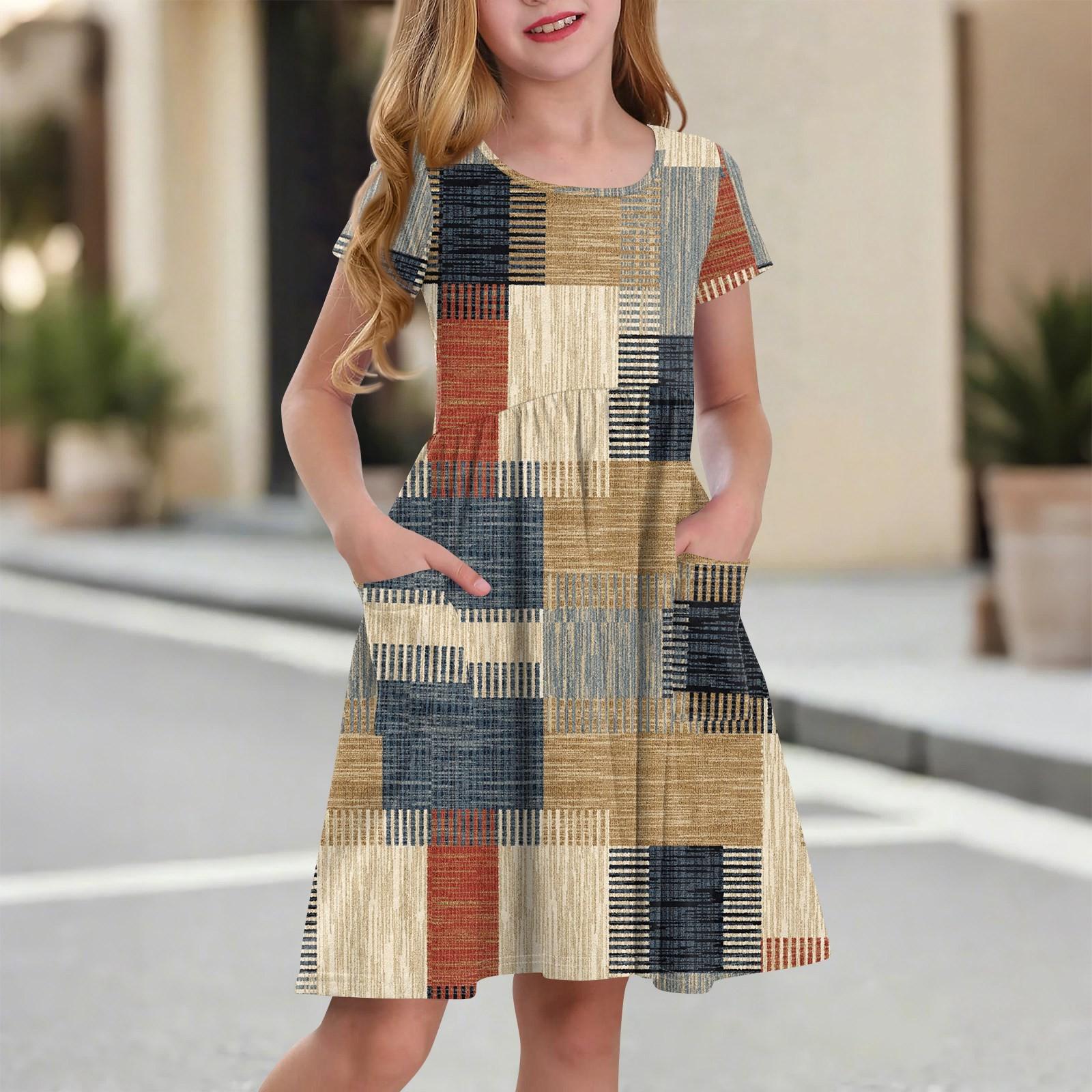 

Детская юбка с круглым вырезом и коротким рукавом, платье принцессы, модное повседневное платье с карманами для девочек 100 хаки