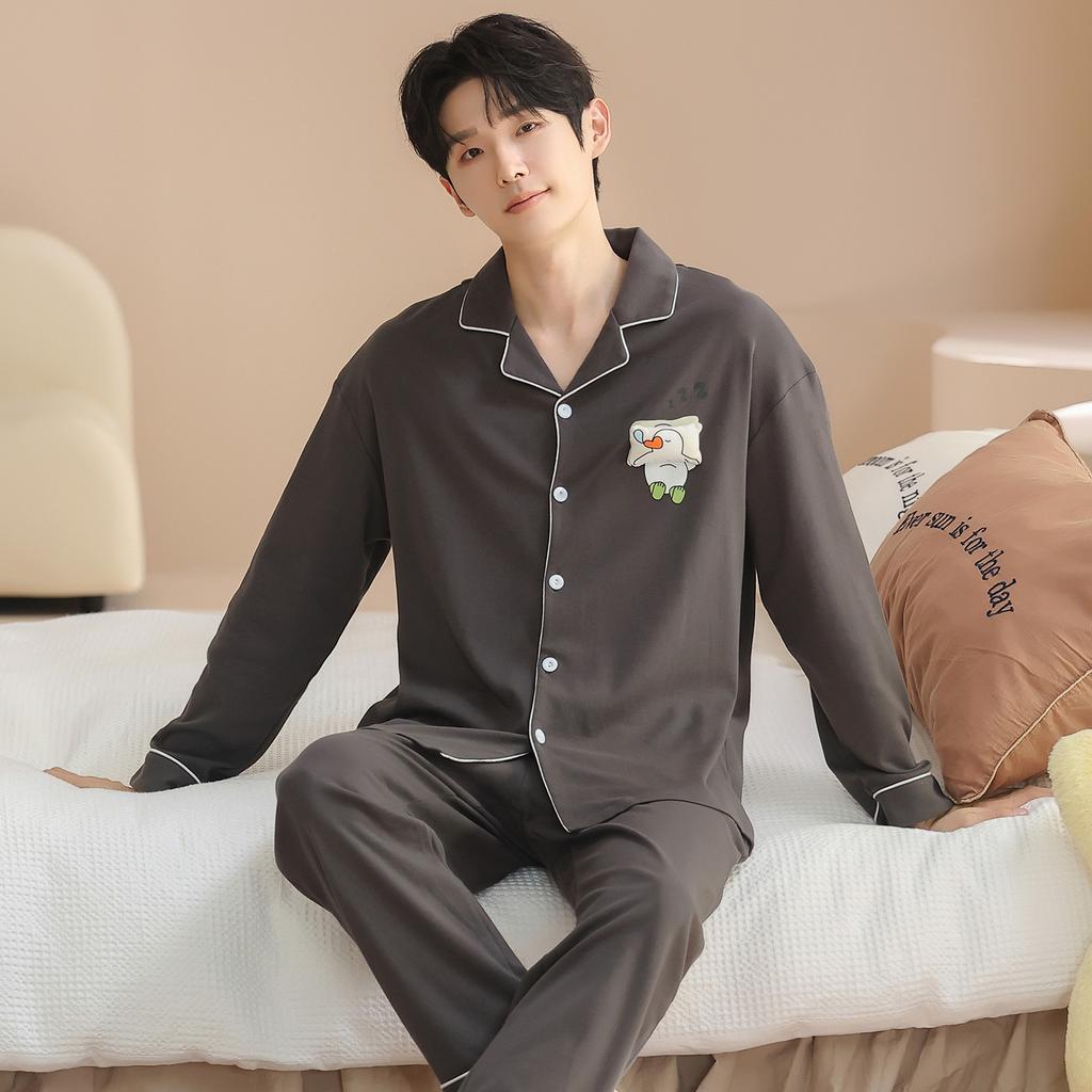 New long-sleeved trousers pure cotton couple pajamas can be worn outside cartoon loose casual men and women pajamas set cotton