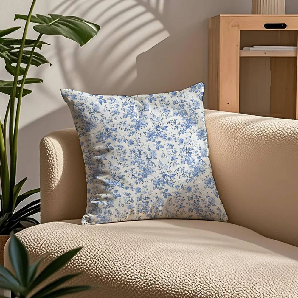 E-Elegant Blue Floral Anime Pillow Case Comfort Sofa Bed Silky Elegant Invisible Zipper Custom Decorative Cushion Cover