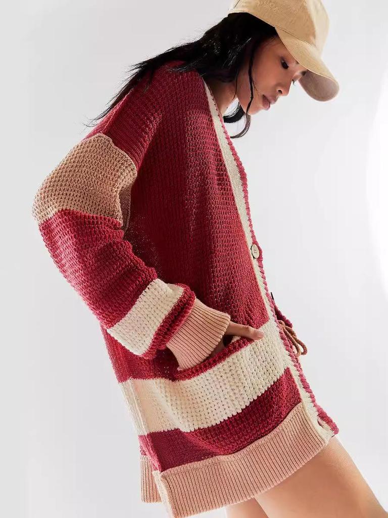 2024 Women's Plus Size Color Block Knit Cardigan with Pockets - Autumn/Winter Collection