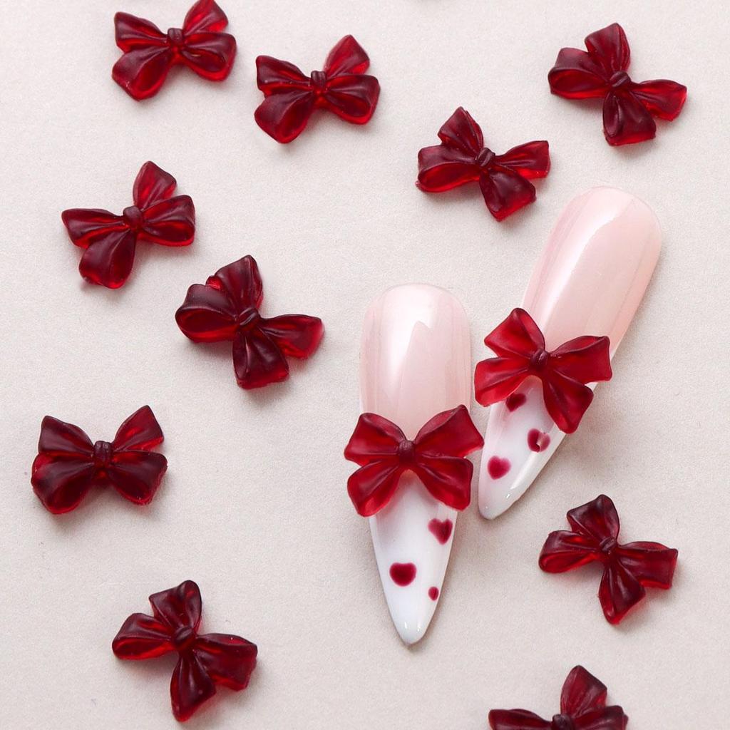1Bag Pink Candy Ribbon Bows 3D Nail Charm Transparent Jelly Color Summer Nail Decoration Accessories DIY Manicure Decor Parts