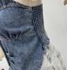 Women's Halter V-Neck Denim Vest: Body-Hugging, Elastic Back, Short, Sleeveless Top. Style 830.