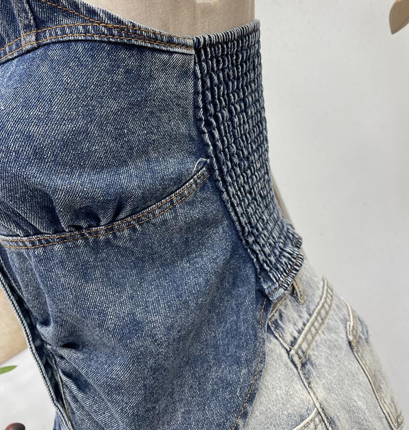 Women's Halter V-Neck Denim Vest: Body-Hugging, Elastic Back, Short, Sleeveless Top. Style 830.
