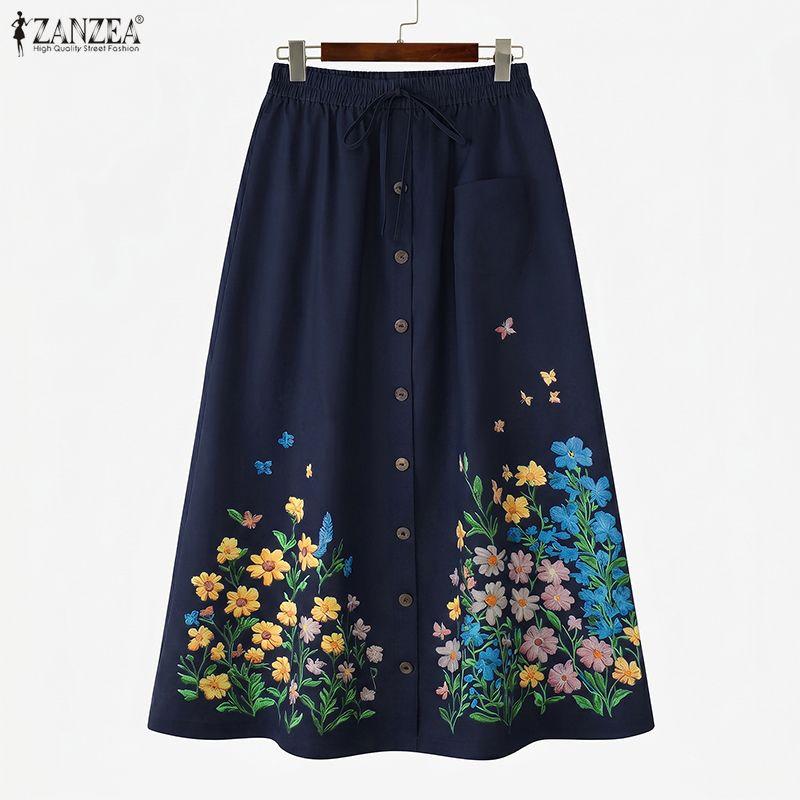 ZANZEA Gonne a stampa floreale larghe con elastico in vita casual da donna