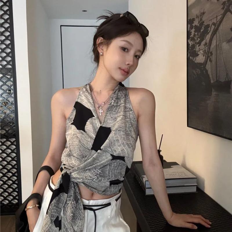 Women Printed Halter Neck Top Wrap Tie Backless Sleeveless Casual Crop Top S бежевый