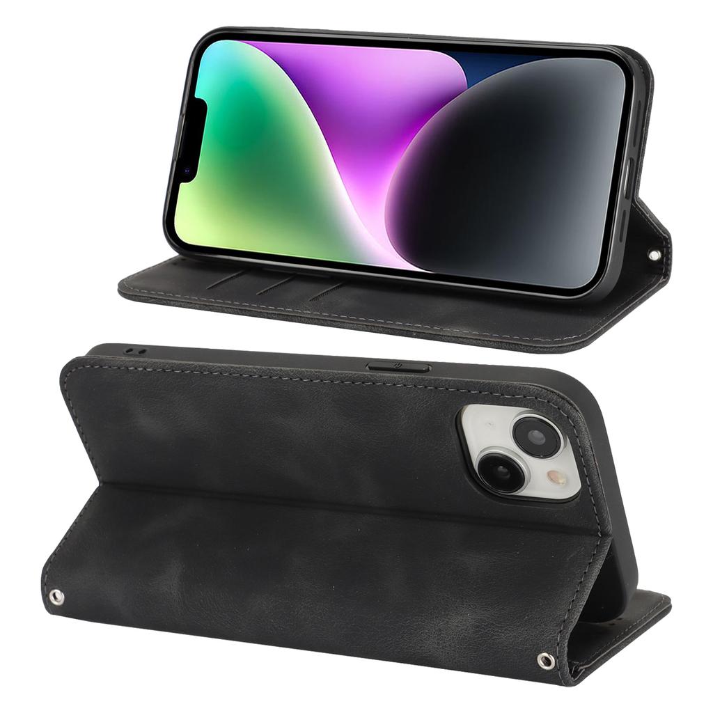 For iPhone 14/13 Stand Case Magnetic Closure Skin Touch Leather Flip Phone Cover with Wallet