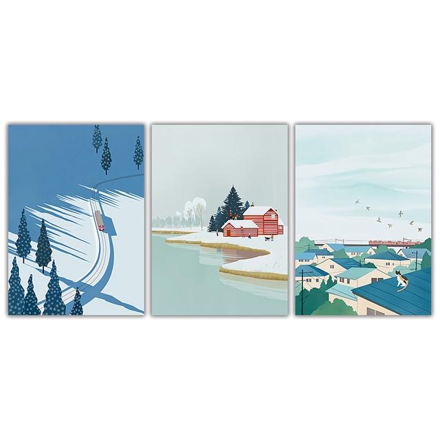 Winter Village Train Landscape Canvas Painting Nordic Anime Style Natural Poster Print Wall Art Picture Modern Home Decoration