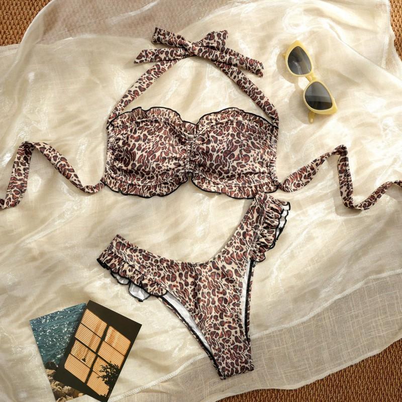 Bikini Three-piece Leopard Print Beach Wrap Skirt Sunblock Sexy Backless Swimsuit Bra