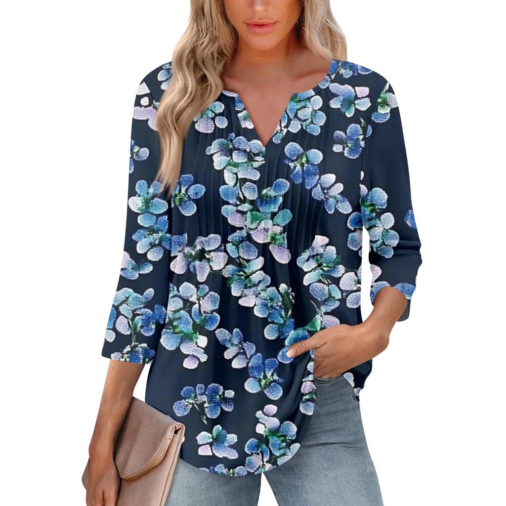 Dámské módní ležérní plisované tričko s véčkem a sedmikrátkovým rukávem