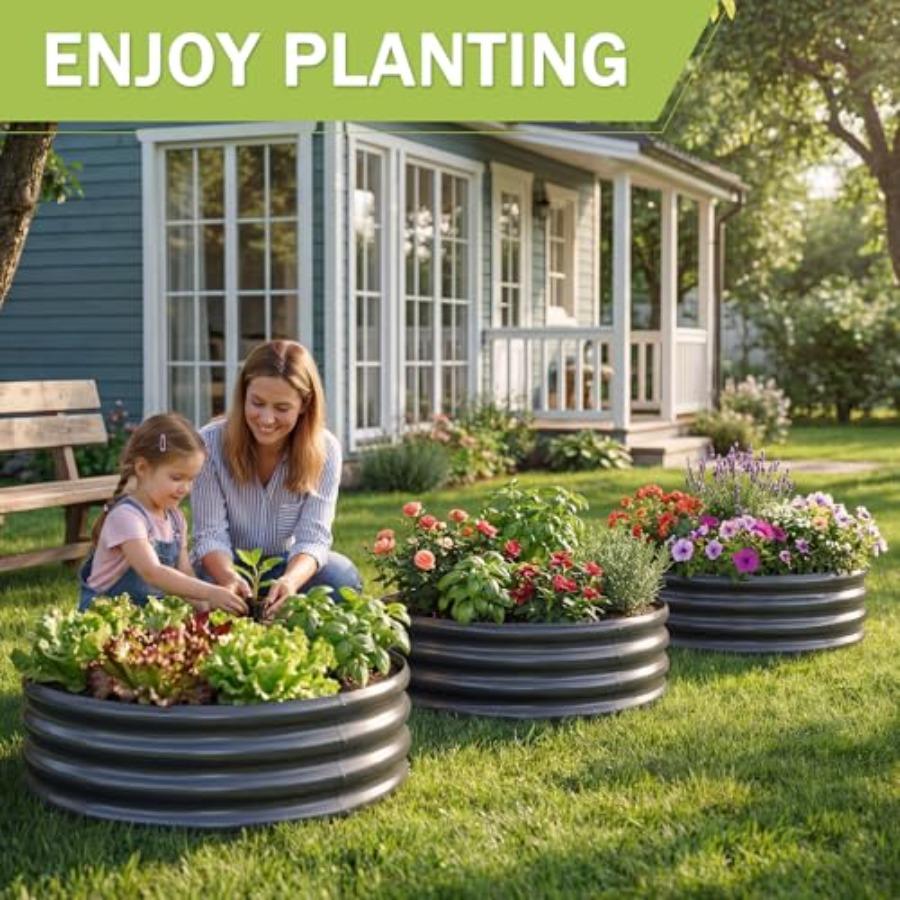 3Pack 2x2x1 Ft Round Galvanized Raised Garden Bed Kit Grey Metal Flower Box Large Planter Outdoor Garden for Planting Fruit Her