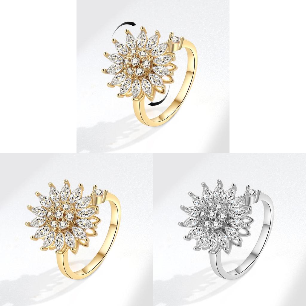 Geometric Rotating Ring For Women With Sunflower Design And Adjustable Copper Material
