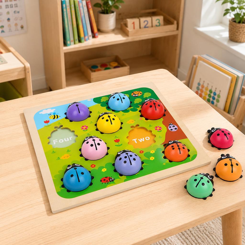 Wooden Ladybug Counting Puzzle Toy Educational Number Learning Game for Toddlers Preschool Kids Developmental Activity