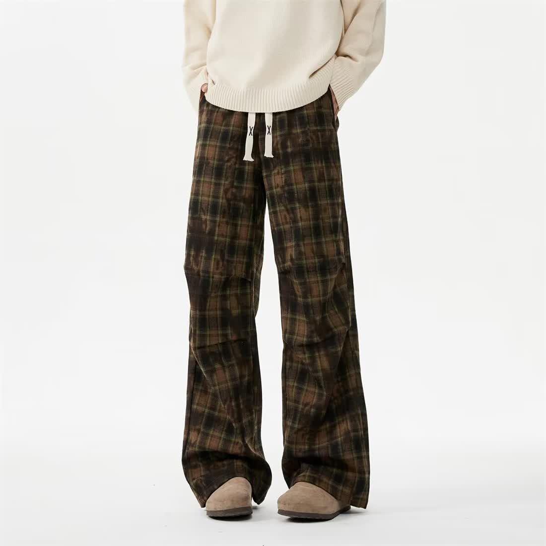 

Мужские клетчатые брюки для осени и зимы, прямые, свободные, повседневные, новый стиль, молодежные, широкие штанины, длинные брюки XL кофейный