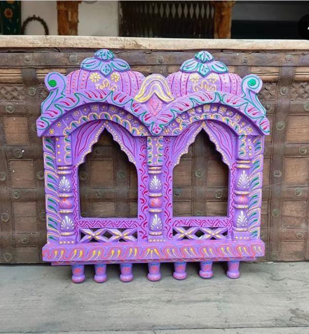 Hand-Painted Wooden Jharokha Wall Hanging: Indian Mehrab Frame разноцветный