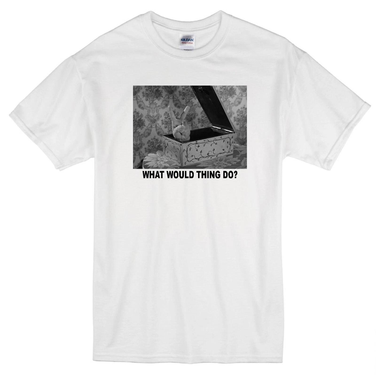 THING WWD? ADDAMS FAMILY CREEPY HAND IN A BOX RETRO TV SITCOM WHITE T-shirt S