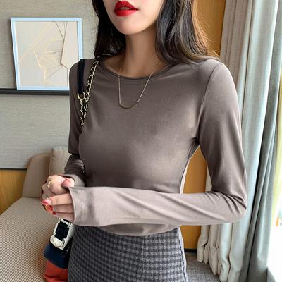 Camiseta Blanca de Manga Larga para Mujer Primavera y Otoño Nueva Tendencia Estudiante Algodón Puro Color Sólido Dobladillo Rizado Top Básico Ins