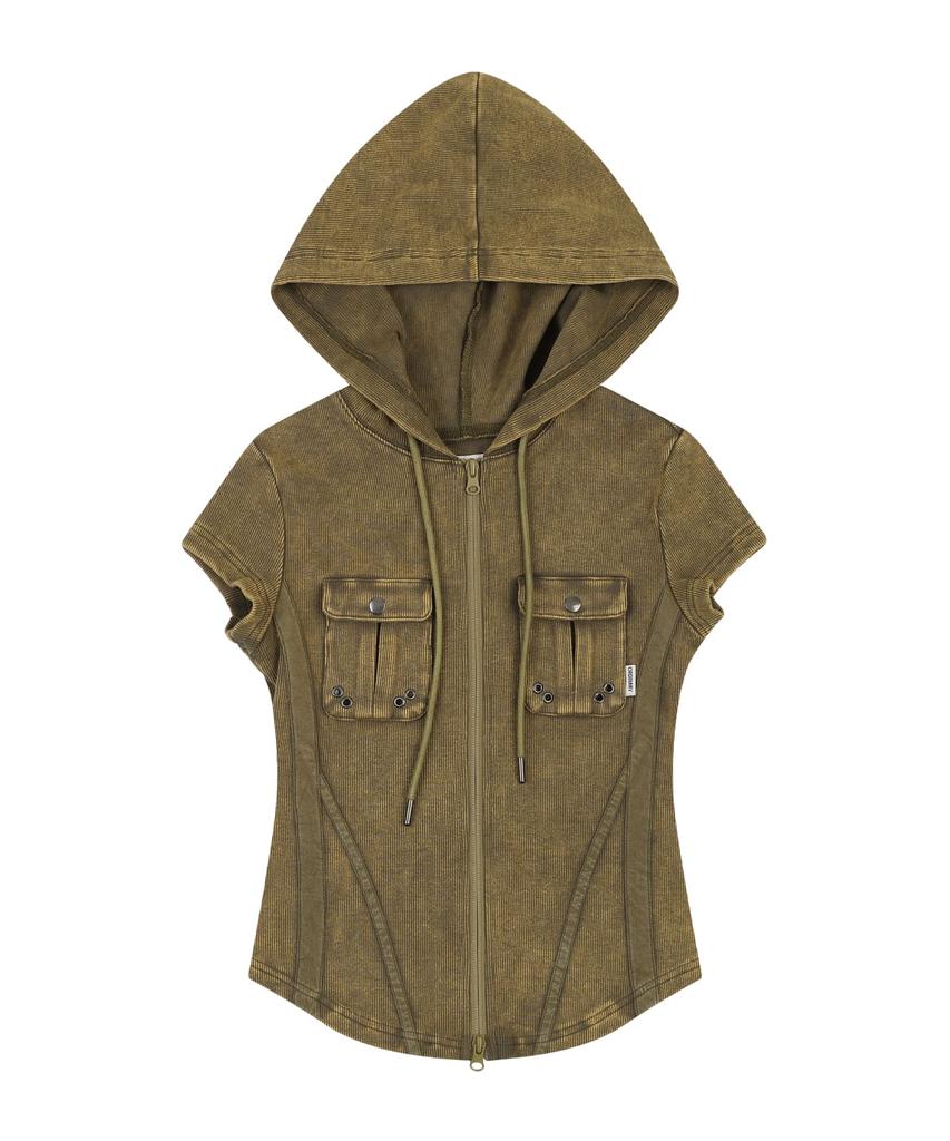 ORDINARY HOLIDAY Half Sleeve Pigment Slim Line Zip-Up [Khaki]