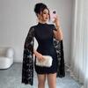 Fashion Lace Small Stand Collar Slit Long Sleeve Sexy Dress Autumn Winter Women Mature Style French Retro Patchwork Slim Sexy Elegant Women Maxi Dress