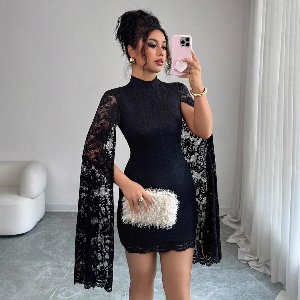 Fashion Lace Small Stand Collar Slit Long Sleeve Sexy Dress Autumn Winter Women Mature Style French Retro Patchwork Slim Sexy Elegant Women Maxi Dress