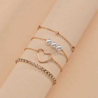 Iron Peach Heart Bracelet Elegant Temperament Multi-layer Rhinestone Pearl Bracelet Accessories