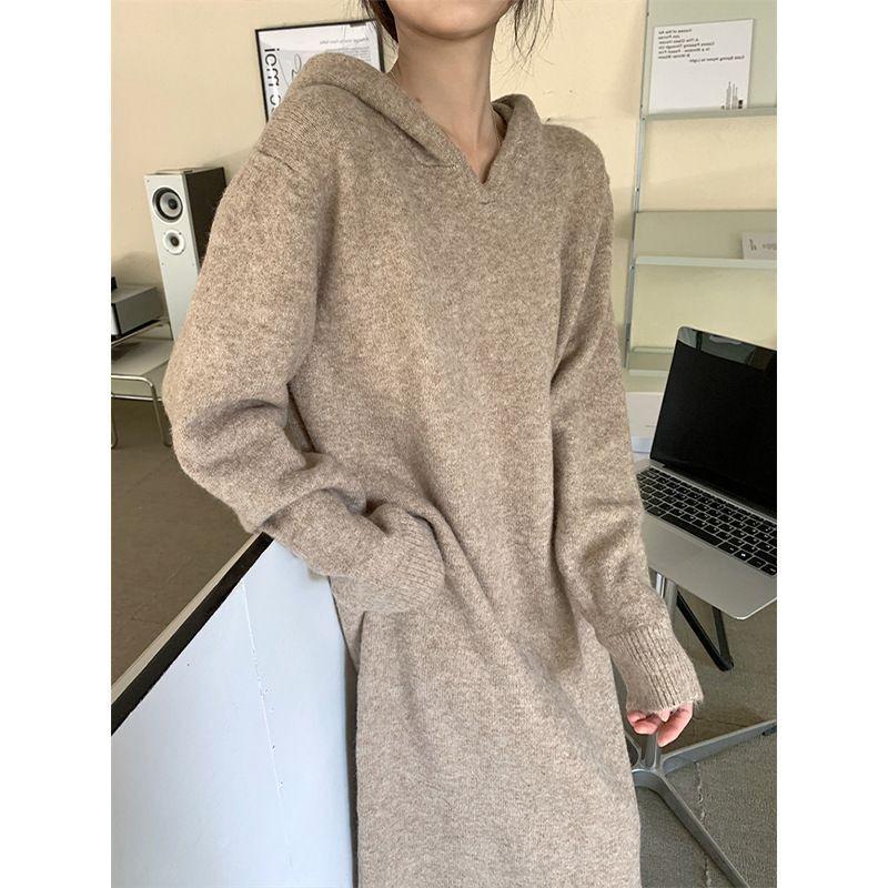 Casual Versatile Autumn and Winter New High-end Design Hooded Sweater Knitted Loose Sweater Loose Dress