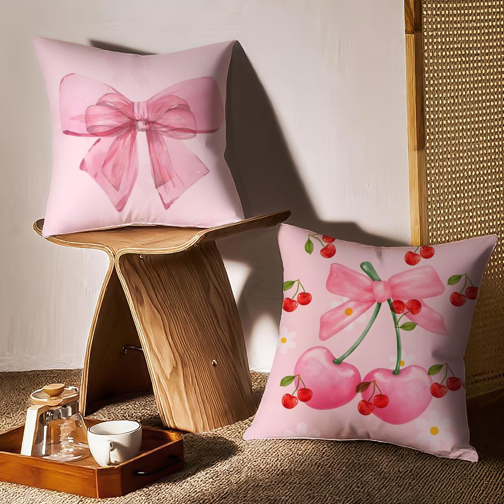 Beautiful Pink Bow Cherry Cushion Cover Anti-Dustmite Pillowcase Invisible Zipper Silky Short Plush Sofa Cushion Cover