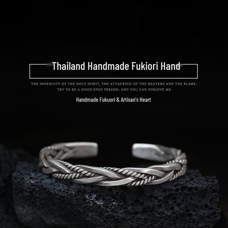 Retro Braided Open Bangle: S925 Silver Plated Unisex Bracelet - Trendy Heavy Industry Design