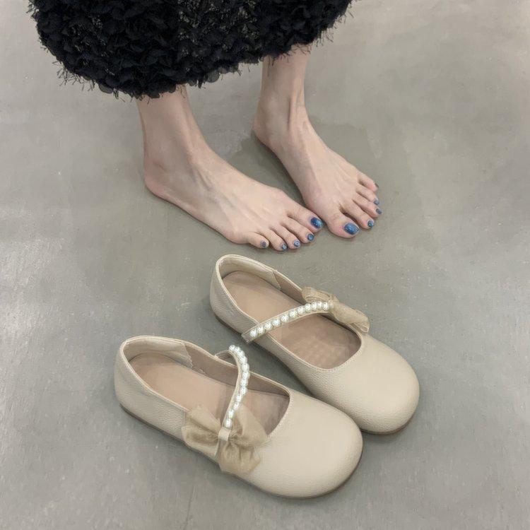 Fashion Hot Selling 2025 Spring New Lace Versatile Bow Flat Bottom Mary Sandal Women's Single Shoe Pearl One Step Soft Bottom with Skirt