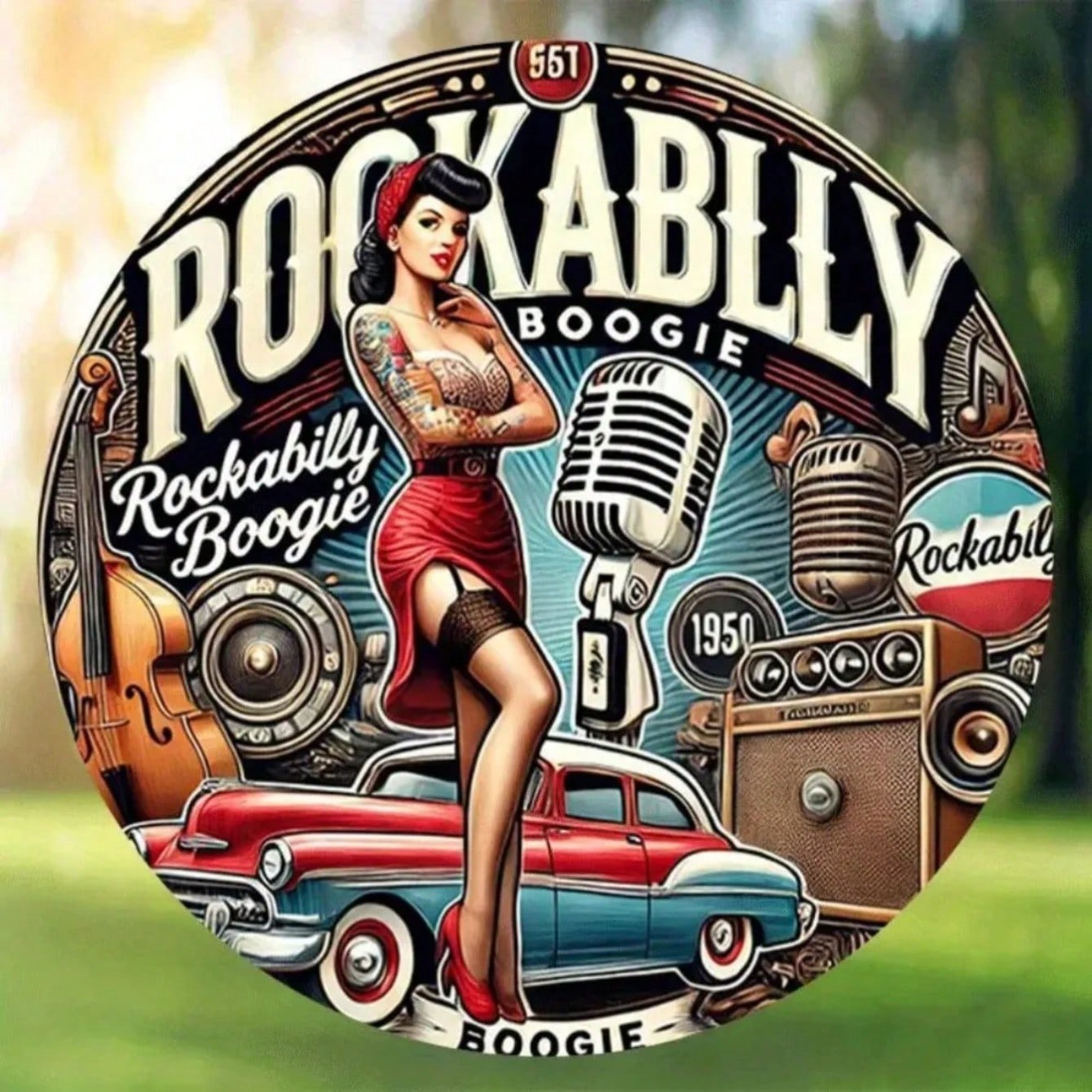 

Vintage Rockabilly Metal Tin Sign Round Pin Up Girl Art Retro Rock Roll Wall Decor 20x20 різнокольоровий